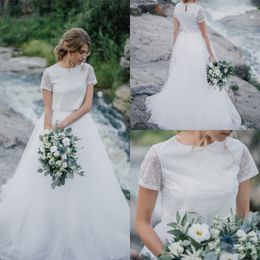Wedding Dresses A Line Sequins Bridal Gowns Scoop Neck Wedding Gowns Country Style Short Sleeveless 2 pcs Skirt