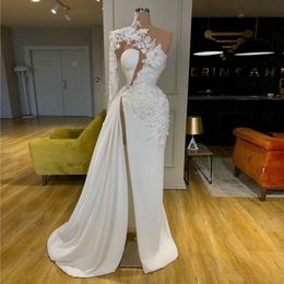 White Lace Mermaid Beaded Prom Dresses High Neck One Shoulder Long Sleeve Evening Gowns Side Split Plus Size 3D Appliqued Formal Dress