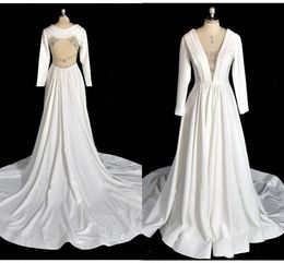 Plung V-neck White Satin Wedding Dresses Long Sleeve Crystal Beaded Backless Muslim Wedding Gown Bridal Dress Reception Party Dress
