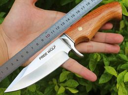 1pcs New Freewolf Outdoor Survival Straight Hunting Knife 8Cr13 Satin Blade Rosewood Handle Fixed Blade With Leather Sheath