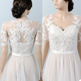 Vintage Bridal Jackets V Neck Short Sleeve Bolero Wedding Top 2020 New Lace Appliques Custom Made Plus Size Bridal Accessories