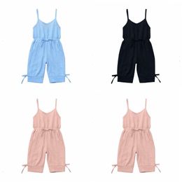 Kids Designer Clothes Girls Solid Sleeveless Rompers Summer Cotton Linen Jumpsuits Bow Sling Onesies Bodysuits Pants Climb Clothes BC7578