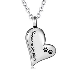 Stainless Steel Silver Paw print Cremation Jewelry Pet Dog Cat Forever in My Heart Ashes Keepsake Urns Pendant Necklace for Women