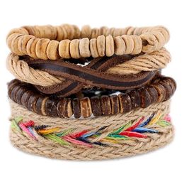 Hot sale Men's genuine leather bracelet DIY PU Coconut shell beads hemp rope Bracelet Combination suit Bracelet 4styles/1set