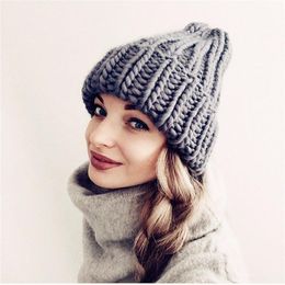 Women's Hat Fashion Cap Knitted New European Women Knitted Cap Winter Warming Pure-color Curled Coarse Wool Warming Girl's