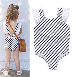 Cute Toddler Girls Swimsuit One Piece White Stripe Wrinkle Sleeve Baby Swimwear Cute Kids Beach Bathing Suit