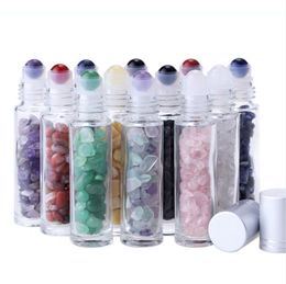 Essential Oil Diffuser 10ml Clear Glass Perfume Bottle With Crushed Natural Crystal Quartz Stone Crystal Roller Ball LJJP120