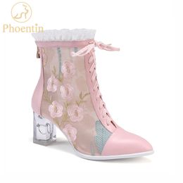 Botas PhoenTin 2021 Pink Lolita Zapatos Mujeres Malla de verano Cross-atado con cierre de cremallera Bordado Tobillo Tacones de cristal FT695