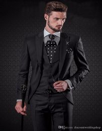 High Quality Groom Tuxedos Black Peak Lapel Man Work Suit Wedding Prom Dress Busienss Mens Suits (Jacket+Pants+Vest+Tie) J272