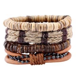 Cowhide Bracelet Hemp rope multi layer Bracelet wooden beads hemp rope Men's Leather Bracelet size Adjustable 4styles/1set