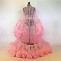 Sexy Women Ruffles Pink Sleepwear For Prom Dress Women Bathrobe Sheer Nightgown Long Sleeve Evening Dress Robe Prom Bridesmaid Sha230x