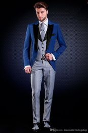 Slim Fits Groom Tuxedos One Button Blue Man Wok Suit Wedding Party Dress Mens Suits (Jacket+Pants+Vest+Tie) J213