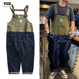 New mens cotton multi-pocket splice loose overalls man streetwear jeans men casual trousers suspenders pants jumpsuits coveralls