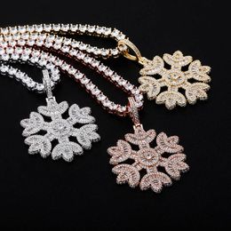 Gold Silver Color Bling CZ Snowflake Pendant Necklace with 24inch Rope Chain for Men Women Punk Jewelry Hot Gift