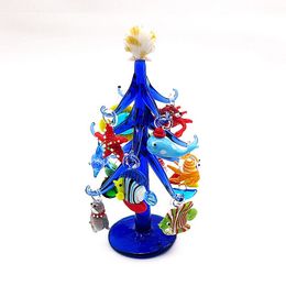 Handmade Dark blue Murano glass Christmas tree shape ornament home Aquarium Decoration with 12pcs Marine Animal Figurine Pendant T200709