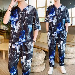 Retro Designer Men 2pcs Tracksuits Chinese Style Fashion Trend Casual Sets Trousers Short T-shirt Camouflage Summer Ethnic Tang Suit