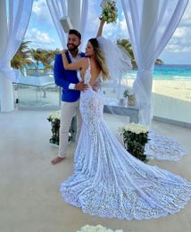 Beach Wedding Dresses for Girls Sleeveless Mermaid Bride Bridal Gowns Lace Appliques Beach Sheath Column Custom Made Plus Size