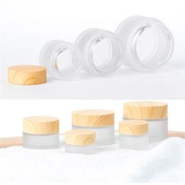 New 5g 10g 15g 30g 50g 100g Frosted Glass Jar Cream Bottles Round Cosmetic Jars Hand Face Packing Bottles Jars With Wood Grain Cover