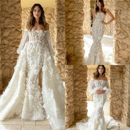Bohemia Mermaid Wedding Dresses With Detachable Sleeve And Train 3D-Floral Appliqued Bow Sash Bridal Gowns Custom Made Vestidos De Novia