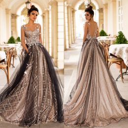 Stunning Beaded Lace Prom Dresses Appliqued Bateau Neck A Line Sequined Evening Gowns Covered Buttons Back Sweep Train Tulle Formal Dress
