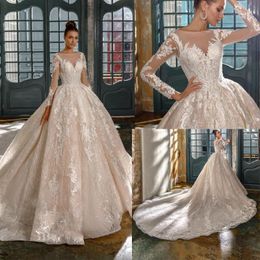 Naviblue Modest Wedding Dresses Jewel Neck Lace Applique Sequins Country Vestidos de Novia A Line Vintage Långärmad Bröllopsklänning