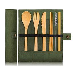 7pcs/set Portable Cutlery Set Outdoor Travel Bamboo Flatware Set Knife Chopsticks Fork Spoon Straw Cloth Bag Dinnerware Sets YDL053