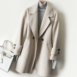 Женская шерстяная смесь двухсторонних кашемировых пальто средней длины женщин зима
