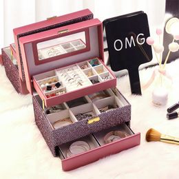 Custom Logo three - layer automatic open with drawer jewelry box leather makeup box for Earrings ring storage organizer