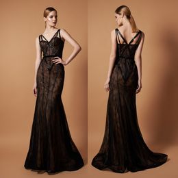 Stunning Lace Mermaid Evening Dresses Spaghetti Straps Sleeveless Sequined Prom Gowns Floor Length Tulle Formal Dress