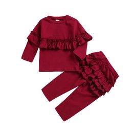 Baby Girl Clothes Red Ruffle Toddler Tops Pants 2pcs Sets Solid Colour Infant Suits Long Sleeve Children Outfits Baby Clothing BT4828