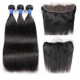straight hair extensions for black women Australia - Ishow 10A Brazilian Straight 3 Bundles Wefts With 13*4 Lace Frontal Closure Peruvian Hair Extensions Malaysian for Women All Ages 8-28inch Natural Black Color