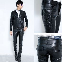 New Mens Elastic Faux Leather Pants PU Motorcycle Ridding Black Slim Fit Trousers For Male