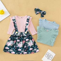 Autumn Kids Clothes Baby Girls Solid Long Sleeve Romper + Floral Suspender Skirt + Headbands 3pcs/set Outfits Infants Clothing sets M2417