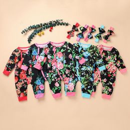 Kids Clothes Girls Floral Jumpsuits Infants Button Long Sleeve Romper + Newborn Headbands 2pcs/sets Boutique Toddlers Clothing Sets M2410