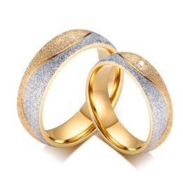 New Fashion couple engagement ring for women men sand blasted gold-color stainless steel CZ wedding rings Jewellery
