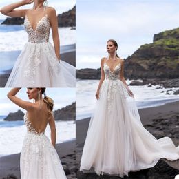 Sexy Boho Wedding Dresses Beach Jewel Neck Sheer Appliqued Lace Ruched Tulle Bridal Gown Sleeveless Backless Sweep Train Bridal Dress