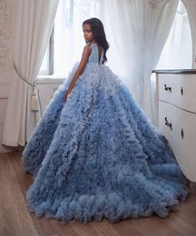 Light Sky Blue Ruffled Beaded Flower Girl Dresses For Wedding Backless Toddler Pageant Gowns Sweep Train Tulle Kids Prom Dress189d