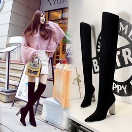 Woman Long Boots Over Knee Square Metal Heel High Heeled Pointy Sexy Elasticity Thin Wool Boot