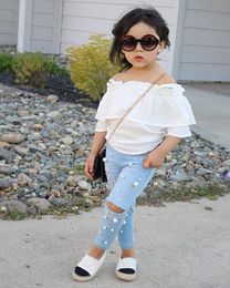 Summer fashion girls suits pearl girls outfits Blouse Tops+Hole Jeans 2pcs/set kids designer clothes girls sets kids clothes