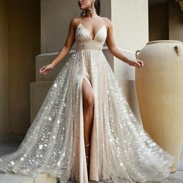 Beach Bling Bling Champagne Wedding Dresses Spaghetti Straps A Line Bridal Gowns Plus Size 4 6 8 10 12 14 16 18 20233z