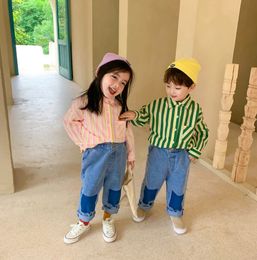 Kids Stripe Casual Shirts 2020 Fall New Children Colourful Striped Lapel Long Sleeve Blous Boys Girls Cotton Casual Tops V062