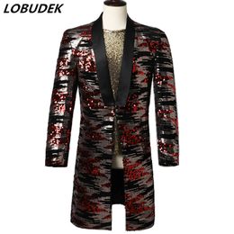 Men's Rock Band Punk Style Blazer Sequins Long Coat Male Singer Host Glitter Stage Performance Clothes Star Concert Nightclub Costume S-3XL