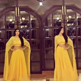 Yellow Dubai Prom Dresses Two Pieces Scoop Beaded lace With Long Wraps Chiffon Plus Size Arabic Prom Evening Dresses Moroccan Kaftan