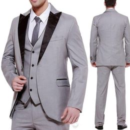 Gray Business Party Men Suits Groom Wear Classic Black Peaked Lapel Wedding Tuxedos Three Pieces(Jacket + Vest+Pants)