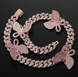 12MM Butterfly Cuban Link Chain Pink choker Cubic Zirconia Punk Miami Link Bling Bling Hip Hop Jewellery For Gift 16inch-24inch