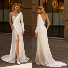 sexy highsplit country wedding dresses aline oneshoulder sequins ruched satin bridal gown backless sweep train custom made bridal dress