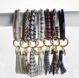 Bangle Keyring PU Tassel Wristlet Keyrings Bohemia Key Ring Holder Women Girls Jewelry Leopard Sunflower Solid 24 Designs DW4556