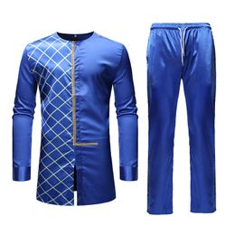 Ethnic Clothing Blue African Dashiki Print Top Pant Set 2 Pieces Outfit 2021 Traditional Men Clothes Casual Suit For