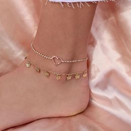 Fashion Women Anklets Set Star Tassel Pink Heart Pendant Crystal Chain Gold Anklet Classic Beach Party Barefoot Jewelry