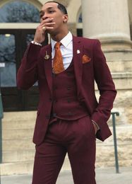 Fashion Burgundy Groom Tuxedos Notch Lapel Groomsman Wedding 3 Piece Suit Men Business Prom Jacket Blazer(Jacket+Pants+Tie+Vest) 72